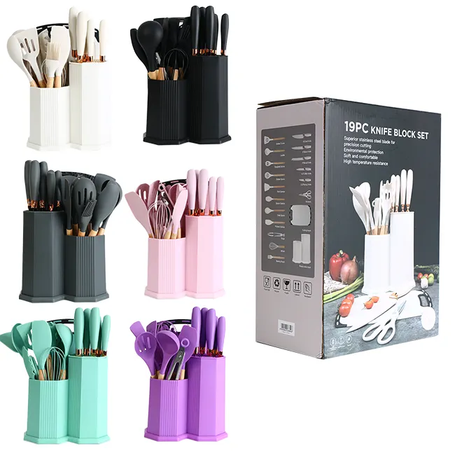 New Arrival 19Pcs Soft Silicone Knife Set Tools   Gadgets Accessories Wooden Handle Cooking Tools Home and Kitchen Utensils Set