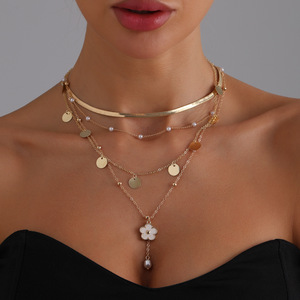 Bijoux transfrontaliers européens et américains rétro géométrique fleur ronde pendentif perle chaîne lumière mode Sexy Hot Girl collier - Product Image 2
