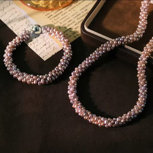 <b>Freshwater</b> <b>Pearl</b> White 9-10mm 925 Silver 14K Gold Plated Vintage Women's Necklace <b>Bracelet</b> Set - Product Image 2