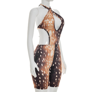 วิวิบลูค J26RP105 ชุดรอมเปอร์ผู้หญิงฤดูร้อนใหม่เซ็กซี่ลายกวางพิมพ์ลายสัตว์แบบผูกคอเปิดหลังชุดรอมเปอร์ลำลองสำหรับสุภาพสตรี - Product Image 3