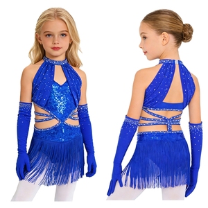 Traje de Baile Latino para Niñas de 6 a 16 Años, Vestidos con 1 Par de Guantes de Malla para Actuaciones en Escenario, Competiciones y Fiestas - Product Image 5