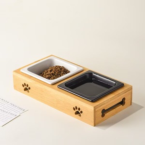 Vente chaude Portable Double Pet Nourriture & Eau Bol En Céramique Sûr Petit Animal Cervical Colonne Vertébrale Protecteur Chat Chien Mangeoire Support En Bois - Product Image 1