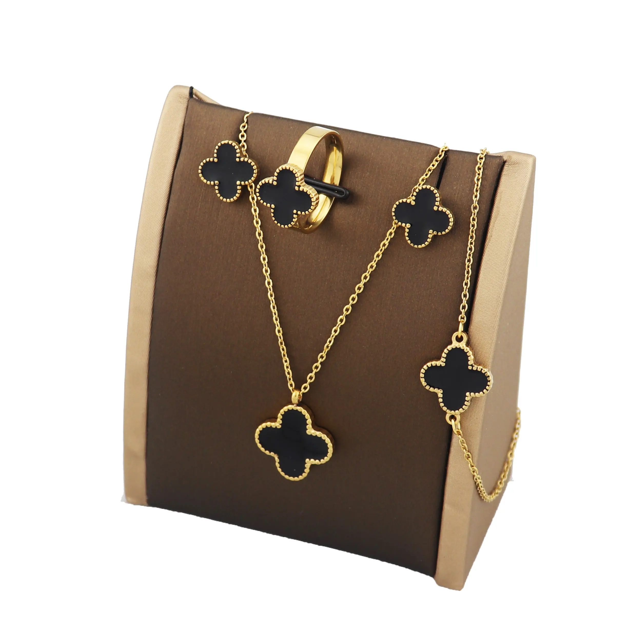 Black Clover stainless steel jewelry women Necklace bracelet ring earrings sets gold plate jewelry set