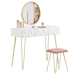 Factory Direct Hairpin Legs White 3D Effect Drawers <b>Dressing</b> <b>Table</b> <b>with</b> Velvet Stool and 360. Swiveling Mirror Set - Product Image 1