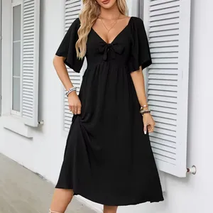 Vestido de noite longo elegante com decote em V para mulheres, vestido de noite preto grande e floral com cordões personalizado