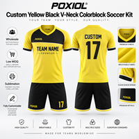 Kit de football personnalisé jaune et noir à col en V, colorblock, par sublimation, vente en gros, faible MOQ, pour équipes de lycée et jeunes aux États-Unis, directement de l'usine