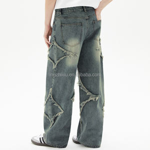 Unisex yüksek sokak yıkama ham kenar gevşek kot pamuk gevşek düz grafik aplike nakış yıkama yüksek kaliteli Denim pantolon erkekler - Product Image 1