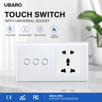 Interrupteur tactile à 3 boutons UBARO avec panneau en verre trempé et prise universelle à 5 broches, interrupteurs et prises électriques murales pour la maison