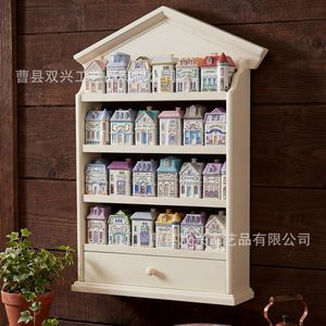 Wooden Vintage Spice Jar Rack 4 Layers <b>Wall</b> <b>Mounted</b> White Village Style Display <b>Shelf</b> Kitchen Storage Drawer Rack - Product Image 3
