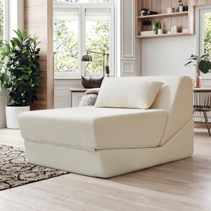 Canapé-lit moderne en tissu beige, une place, dossier à oreillers, convertible, sans accoudoirs, minimaliste, pour salon, canapé rembourré - Product Image 1