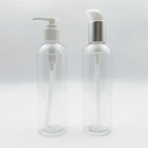 Factory Customized Empty 200ml Clear PET Soap Plastic Cosmo Round Spray Bottle with Matt Silver Lotion Pump