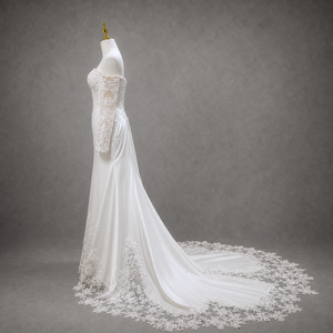Vestido de Novia Sirena de Manga Larga sin Tirantes, con Espalda Descubierta, Hecho a Mano con Encaje y Tul, con Flores, Tallas Grandes, Sujetador Incorporado - Product Image 3
