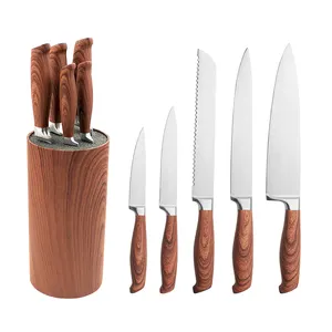 Professional 5 Pcs Kitchen Knives Stainless Steel Wood Pattern Handle Kitchen Chef Knife With Holder