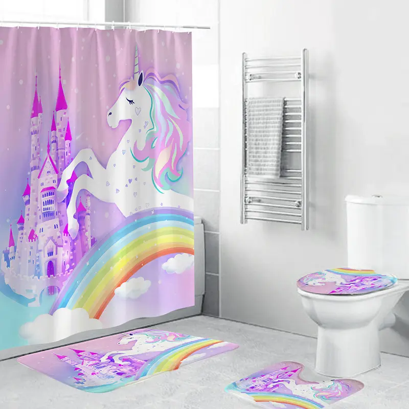 Unicorn Waterproof 3D Printed Polyester 4 Piece Set Bathroom Rug And Shower Curtain