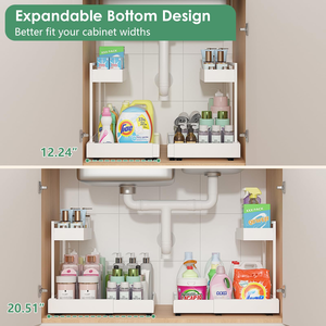 L-Shaped With 6-Level Height Adjustment Expandable Width Pull-Out Cabinet Storage Rack With Sliding Rails <b>Under</b> Sink Organizer - Product Image 2