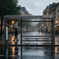 Abri de bus LED lumineux avec éclairage RGB, design architectural nocturne, sécurité extérieure pour le transport, personnalisation OEM, vente en gros