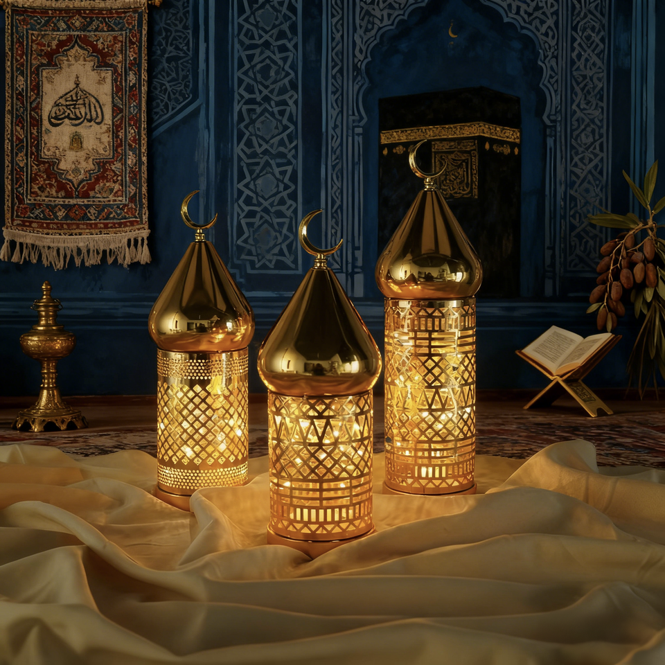Ramadan Eid Gold Iron Islamic Lantern with Crescent Moon Geometric ...
