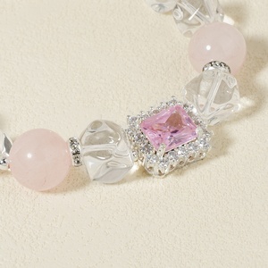 Warm Calm Healing Silver Plated Alloy Italian <strong>Emerald</strong> Pink Zircon Charm Rose Quartz clear Quartz Crystal <strong>Beaded</strong> Trendy Bracelet - Product Image 3
