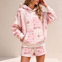 Ensemble sweat à capuche et short surdimensionné à manches longues avec logo personnalisé, imprimé floral patchwork rose pour femme