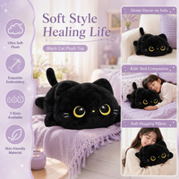 Coussin en peluche chat noir Kawaii, animal en peluche doux, coussin long pour enfants, filles, cadeau d'anniversaire, décoration de la maison