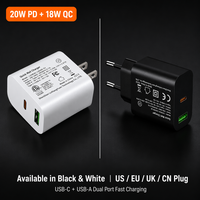 HECHOBO PD 20W USB-C+USB-A Pengisi Daya Dinding Port Ganda, Bersertifikasi ETL FCC CE UKCA CCC, Pilihan Colokan Tetap US/EU/UK/CN, Pengisian Cepat