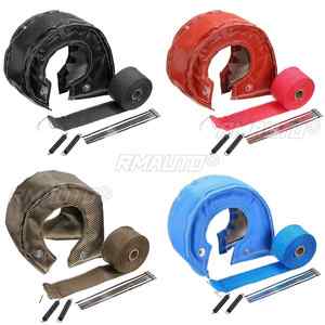 1 ensemble de couvertures thermiques pour turbo de course T4 + enveloppe pour tuyau d'échappement et collecteur d'échappement Rouge / Noir / Bleu / Titane - Product Image 1