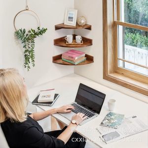 Wooden Wall Mounted Corner <b>Shelf</b> Natural Wood Color Durable Storage Rack For <b>Bedroom</b> Or Office Use - Product Image 1