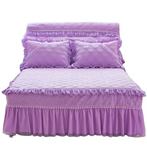 3pcs 공주 레이스 침대 스커트 베갯잇 세트 퍼플 핑크 베이지 코튼 킹 퀸 풀 사이즈 홈 장식 프릴 침대보 - Product Image 1