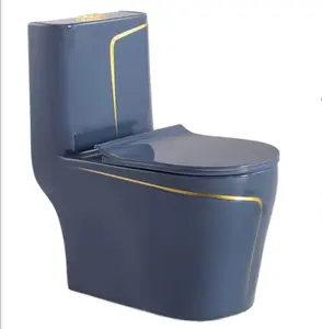 Wholesale decorative ceramic WC new design blue and gold line one piece toilet