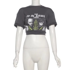 Character-Print Ruffles <strong>T</strong>-<strong>Shirt</strong> for <strong>Women</strong> Summer O-Neck Short-Sleeve Sexy Casual Trend Wild Skinny Streetwear Top Knitted Fabric - Product Image 6