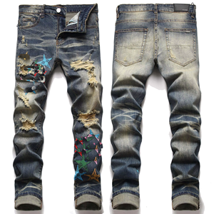 Tuta Casual da <span class=keywords><strong>uomo</strong></span> Jeans in Denim invernale con Logo ricamato a metà vita Design Patchwork traspirante e lavato - Product Image 3
