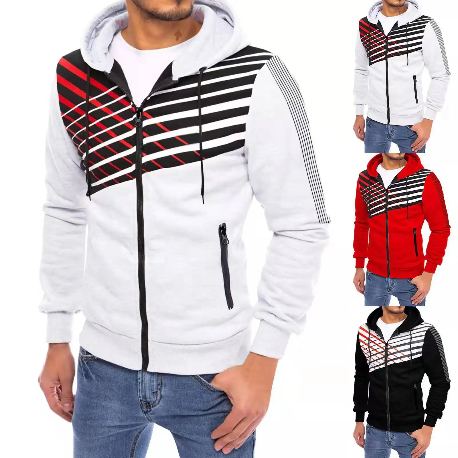 Spring Autumn Color Matching Fashion Over Sized Sweat Shirt Casual Men Hoodies Zipper Long Sleeve Clothes for Men