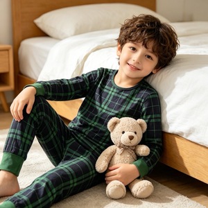 Ensemble de pyjama pour garçons Cozy Nights, 2 pièces, chemise à manches longues en tissu de bambou vert à carreaux, leggings, vêtements de nuit, pyjama de Noël pour la famille - Product Image 3