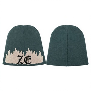 Gorro de Punto Acrílico Premium, 120 GSM, Color Verde Azulado Oscuro, Estilo Y2K, Unisex, para Diseño de Llamas, Logotipo con Patrón Jacquard Personalizado - Product Image 1