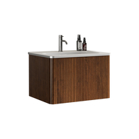 Meuble-lavabo flottant moderne en noyer rayé de 24 pouces avec vasque en céramique blanche, pré-assemblé pour petits espaces de salle de bain ou de salon