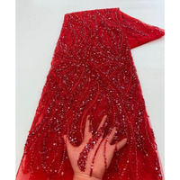 Nouveau design de tissu de robe de fée, tissu à fleurs rouges, dentelle perlée, sequins pour robe de mariée de luxe, tulle à paillettes