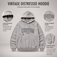 Sweat-shirt à capuche unisexe personnalisé 480G en molleton de coton épais, délavé et vieilli, avec bords bruts et motif universitaire