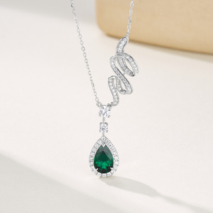 925 Sterling Silver Created Emerald Pendant <b>Necklace</b>, Pear Cut Halo Lab Emerald Snake Design Fine Jewelry for Women - Product Image 2