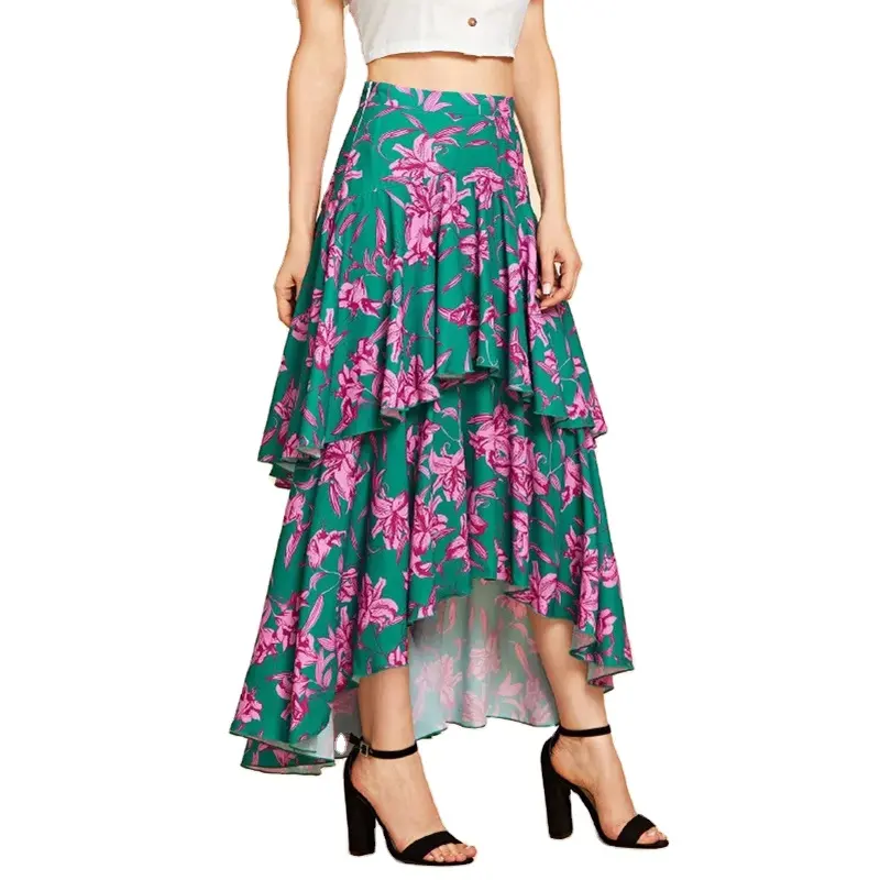 Falda larga de satén para mujer, falda larga asimétrica con estampado Floral y dobladillo Alto y Bajo para fiesta de baile