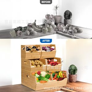 Caja de Almacenamiento Apilable de Bambú con Asas para Frutas y Verduras, Organización de Cocina, Forma Rectangular, Uso Doméstico - Product Image 1