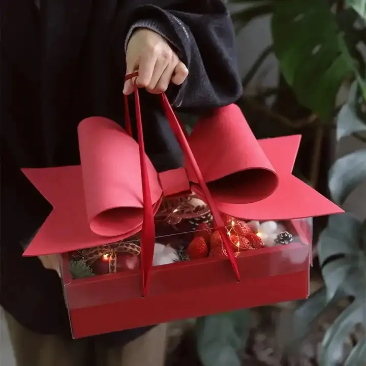 도매 사용자 정의 결혼식 과일 사탕 꽃 선물 상자 선물 바구니 투명 뚜껑과 럭셔리 활 서랍 PVC 꽃 상자
