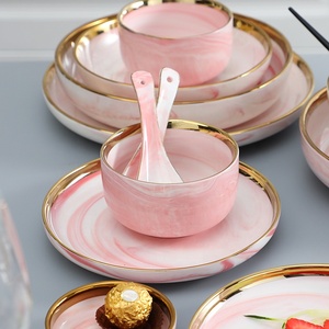 Ensemble de couverts en céramique marbrée rose nordique simple Assiette à steak Logo personnalisable Plat - Product Image 3