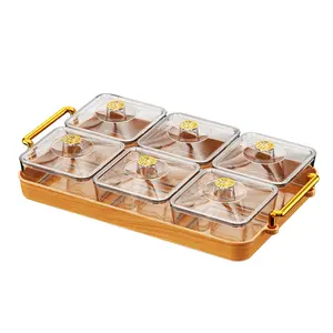 Factory Tableware Six-in-one Plate Bowl Plus Wood Grain Tray Snack Candy Fruit Storage Box Party Suit Transparent Light Luxury