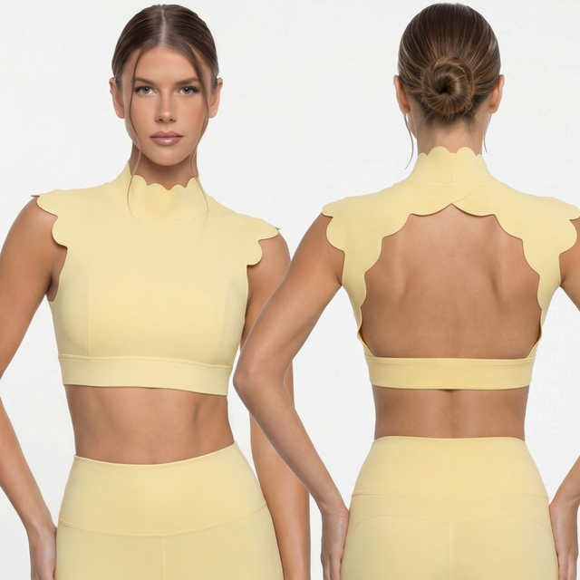 Scalloped Yoga Set Backless Crop Top & High Waist Leggings Workout 2 Piece Set