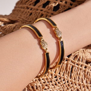 Black Enamel Inlay Heart Pave CZ Open Gold Cuff <b>Stack</b> <b>Bracelet</b> - Product Image 3