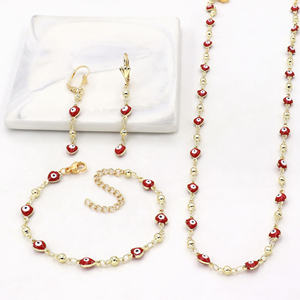 Parure de bijoux trois pièces plaqué or 14 carats avec zircon, motifs gouttes d'huile, yeux bleus et rouges, et cœur, pour femme - Product Image 3