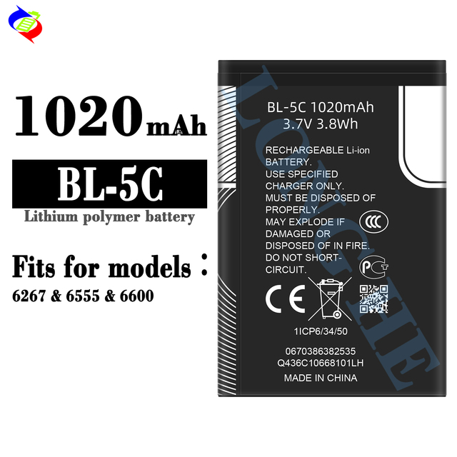1020mAh BL-5C C2-01 2700 2610 3100 3120 3650 5130 6030 Battery For-Nokia C2-01 Battery