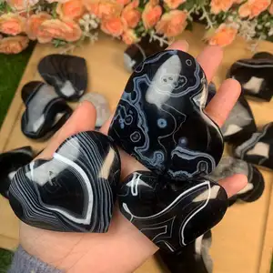 Kindfull Hot Selling Black Lace Agate Heart Reiki Healing Fengshui Crystal Stones Hand Carved Heart For Sell