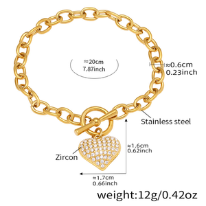 Ensemble collier et bracelet classique en acier inoxydable avec pendentif cœur en zircon - Cadeau - Product Image 4