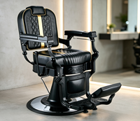 Fauteuil de barbier vintage de luxe avec garniture dorée, capitonné, inclinable hydrauliquement pour salon de coiffure